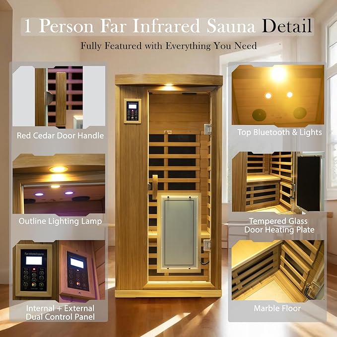 Red Cedar Personal Indoor Infrared Sauna Room, Low EMF Far-Infrared Sauna, Dual LCD Control Panel Inside and Outside,Bluetooth Speaker, Tempered Glass Door with Far Infrared Heating Panel