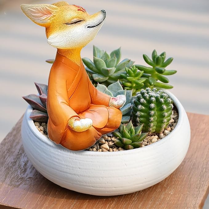 Meditating Buddha Fox Statue Resin Zen Animal Sculpture Yoga Figurine Indoor Outdoor Fengshui Decor for Patio Garden Yard Lawn Tabletop Planter Ponds Pot Bookshelf Ornaments Gifts Orange