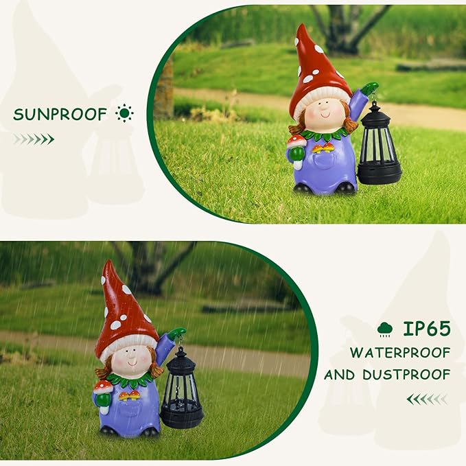 Gnome Statue Garden Ornaments Art Outdoor Decoration with Solar Powered LED Lights Decor for Patio,Balcony,Yard, Mum Birthday Gifts, Garden Gifts for Women
