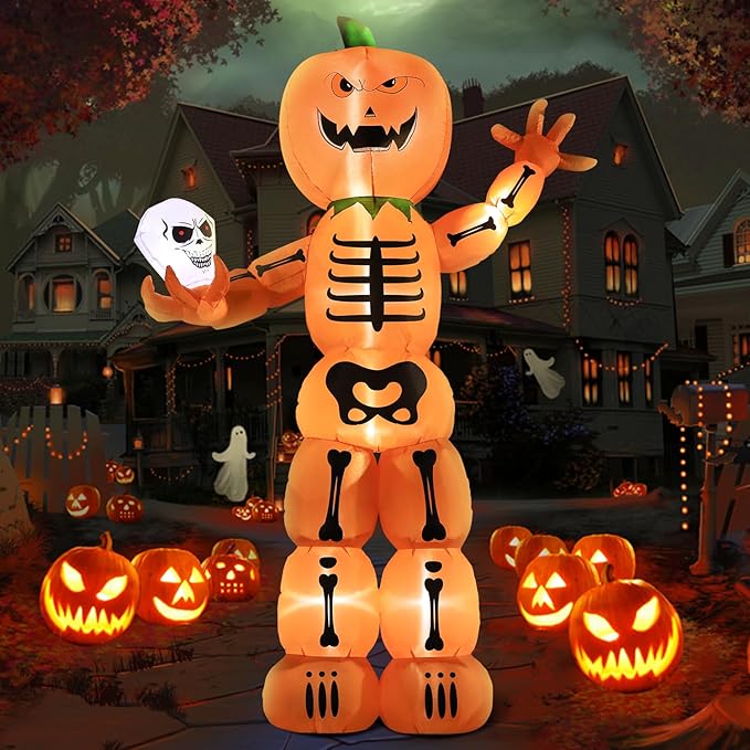 DomKom Halloween Inflatable Blow Up Decorations, 8FT Giant Skeleton Stacked Pumpkin Man Holding Skull, Built-in LEDs for Holiday Party, Garden, Lawn, Yard, Patio Décor