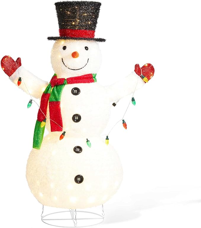 Glitzhome 47.25" H Lighted Christmas Snowman, 3D Foldable Fabric Outdoor Decor with Colorful Bulbs Holiday Lawn Ornament Yard Decoration Outdoor and Indoor use Long-Lasting, 160 Warm White LED