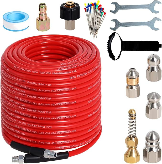 Sewer Jetter Kit for Pressure Washer 200FT, 5800PSI Drain Cleaner Hose 1/4 Inch NPT Corner with 5 Sewer Jetting Nozzles，Waterproof Tape，Pearl Corsage Pin & 2 Spanners (Red)