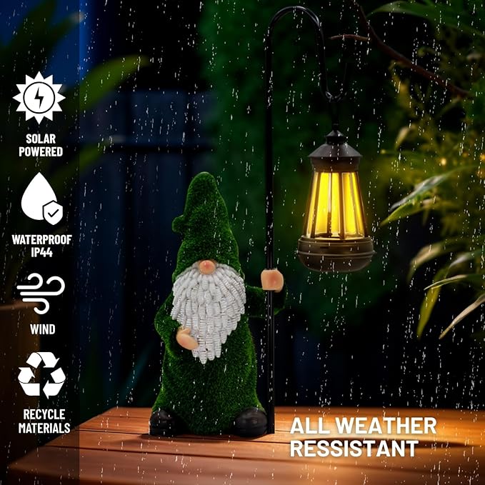 Garden Gnome with Solar Lantern, Grass-Like Flocked Hat, Outdoor Garden Figurine Lights, Unique Gift for Women, Mom, Friends (Green Flocked Gnome)