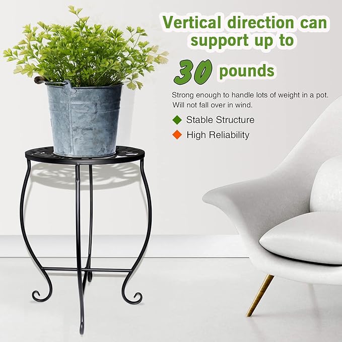 15" Tall Metal Plant Stand, 8" Wide Round Plant Stand for Flower Pot Rustproof Iron Plant Holder for Indoor Outdoor Use, Easy Assemble Flower Stand for Home Garden Display Greenery (Round 2pcs)