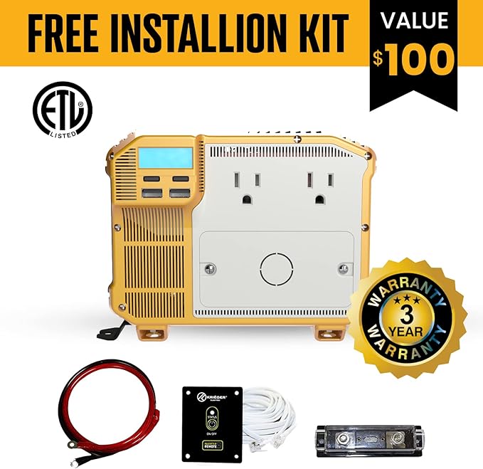 Krieger 4000W Modified Wave Inverter 12V DC to 120V AC Converter for RV, Truck, Off-Grid Solar Power Inverter 12V to 110V W/Built-in 5V/2.1A USB Port, AC Hardwire Port, Remote Cables Fuse Included
