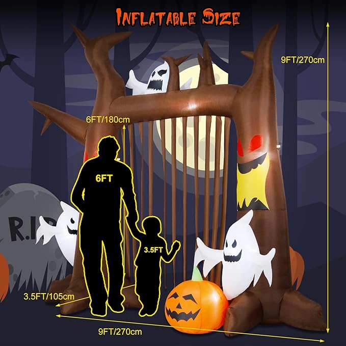 9FT Halloween Inflatable Dead Tree Archway, Halloween Blow Up Yard Decorations with Pumpkin & Ghost, Build-in LED Lights, Halloween Inflatable Arch for Halloween Party Outdoor Garden Lawn