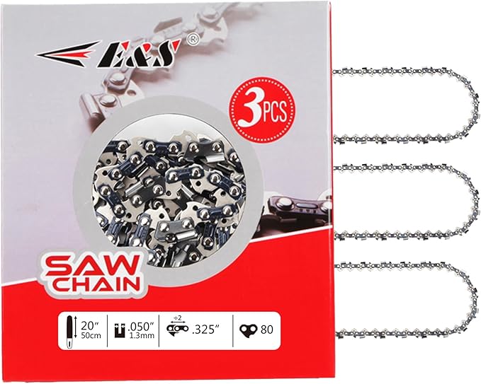 E & S 3 Pack 20 Inch Chainsaw Chain .325" Pitch .050" Gauge 80 Drive Links Semi-Chisel Chain Saw Chains for Husqvarna, Poulan, Craftsman, Greenworks and More Chainsaw Brands