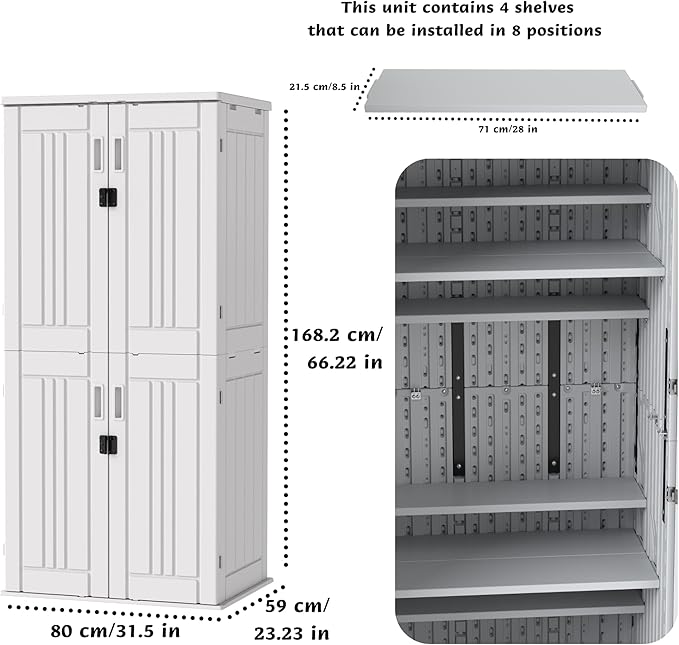 Heavy Duty Tall Storage Cabinet Outdoor Weatherproof, 28 Cuft Garage Storage Cabinet with 4 Adjustable Shelves, Lockable Kitchen Pantry Closer Organizer, 31Wx23Lx66H, Polar White