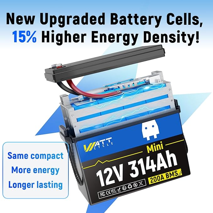 Wattcycle 12V 314Ah Mini LiFePO4 Lithium Battery, 200A BMS & 4.01kWh Energy, Upgraded Cooling Fins & Braided Wires, 4000+ Cycles, Ideal for RV, Marine, Camping, Solar Off-Grid