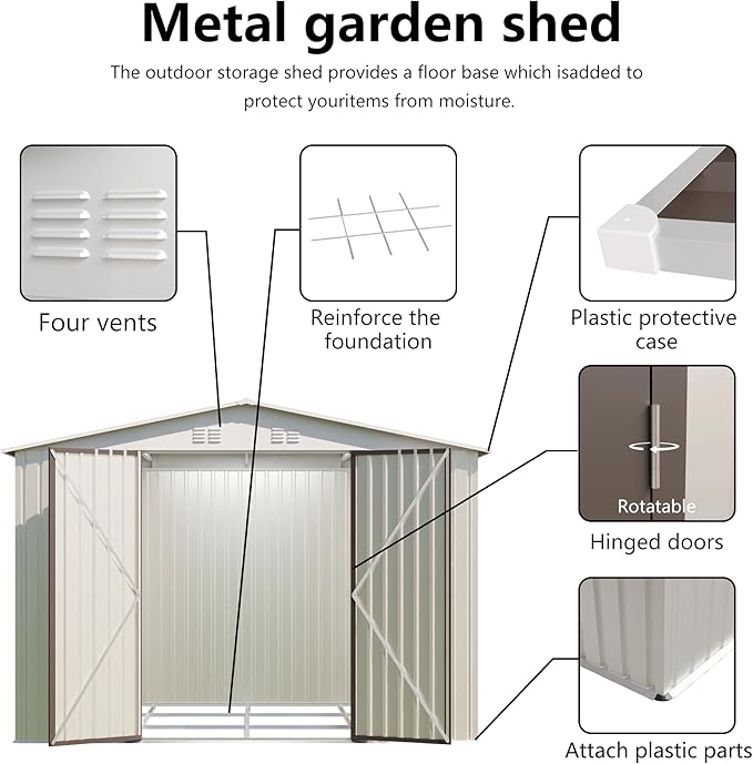 10x8 FT Outdoor Storage Shed with Foundation,Metal Aluminum Tool Sheds,Heavy-Duty Sheds with Sloped Roof, Air Vent and Hinge Doors,Garden Shed Bike Shed for Backyard Patio Lawn,Cream White