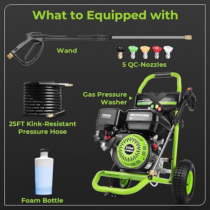 4200 PSI Gas Pressure Washer, 4.0 Max GPM 212CC 7HP Commercial Gas Power Washer, Spray Gun and Wand, 5 Nozzle Set, for Cars/Fences/Driveways/Homes/Patios/Furniture (Green)