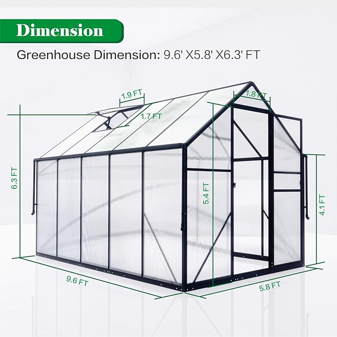 6x10 FT Greenhouse for Outdoors, Polycarbonate Green House with Adjustable Roof Vent and Rain Gutter, Aluminum Large Walk-in Greenhouse with Quick Setup Structure for Outside Garden Backyard Patio