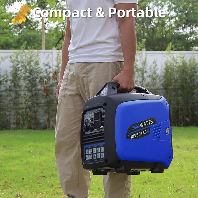 Portable Inverter Generator 2500W Gas Powered, Quiet Generators for Home Use, Camping, Emergency Home Backup, Parallel Ready, with CO Sensor and Fuel Gauge, EPA Compliant, Blue