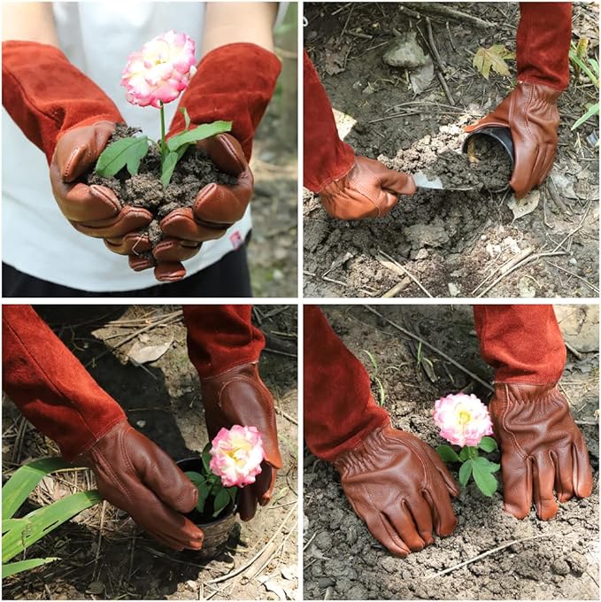 Acdyion Gardening Gloves for Women/Men Rose Pruning Thorn & Cut Proof Long Forearm Protection Gauntlet, Resistant Thick Cowhide Leather Work Garden Gloves