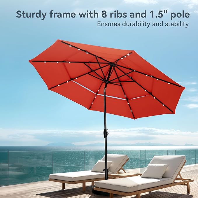 PHI VILLA 10ft Patio Umbrella with Light, Outdoor Large Auto-Tilt 3 Tier Market Table Umbrellas with 8 Sturdy Ribs and 1.5" Pole for Lawn Poolside Garden Terrace, Orange Red