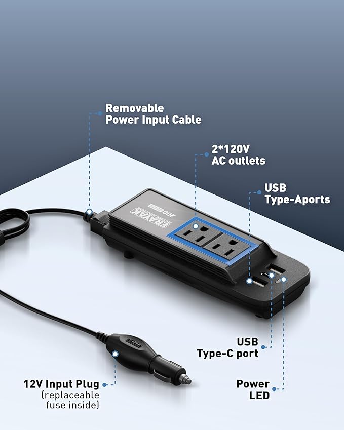 ERAYAK 200W Car Power Inverter, 12V to 110V Cigarette Lighter Adapter to Wall Plug, with AC Outlets & USB C Fast Charger, Car & Truck Accessories for Road Trips