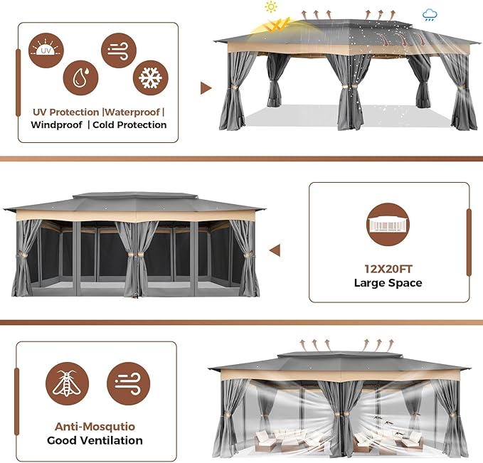 COBIZI Gazebo 12x20 Heavy Duty Gazebos with Curtain and Netting Outdoor Gazebo Canopy Double Roof Patio Gazebos with Metal Steel Frame for Patio, Garden, Backyard (Gray)
