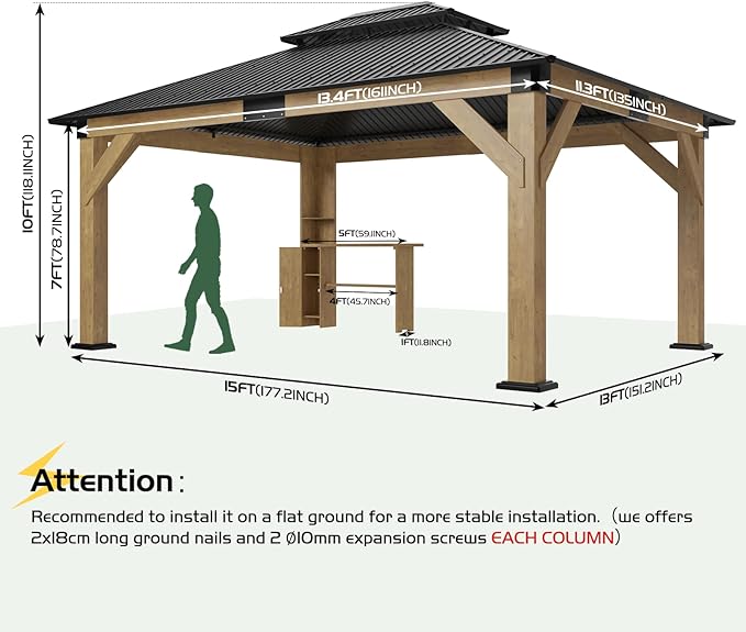 AMERLIFE 13x15 Hardtop Gazebo, Spruce Wood Gazebo with Storage Bar Counter, Outdoor Pavilion with Double Iron Roof, for Patio, Lawns, Garage, Black + Natural Wood