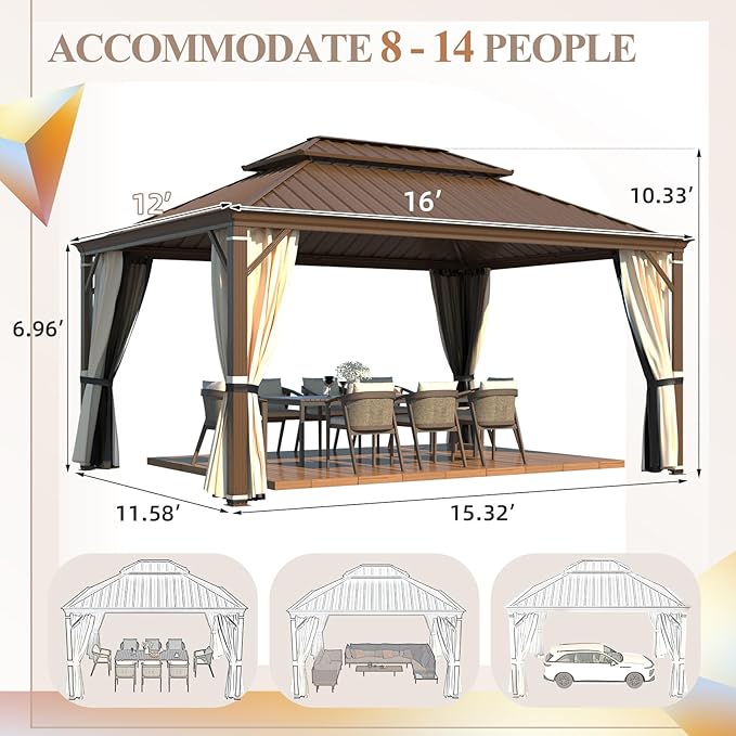 YOLENY 12' x 16' Gazebo, Galvanized Steel Double Roof Hardtop Gazebo with Aluminum Frame, Permanent Outdoor Metal Pavilion with Curtain and Netting for Patio, Lawn and Garden