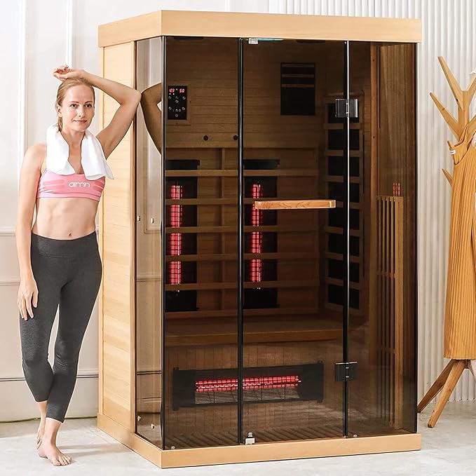 Infrared Sauna, 1-2 Person Home Sauna with 10 Minutes Warm-up Heater Tubes&Panels, Personal Sauna Spa Room for with 2-in-1 Door Handle, Canadian Hemlock and Panoramic Tempered Glass,120V