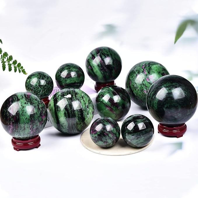 JIC Gem Natural Quartz Crystal Ball Ruby Zoisite Gemstone Sphere with Decoative Stand Red&Green Treasure Healing Crystal Ball for Meditation Grid Decor (80-90mm)
