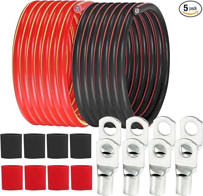2 Gauge Battery Power Cable (5 Feet Black, 5 Feet Red) - 2 AWG Copper Clad Welding Wire with M8 & M10 SC Cable Lugs for Car, Camper, RV, Solar Low Voltage Wiring