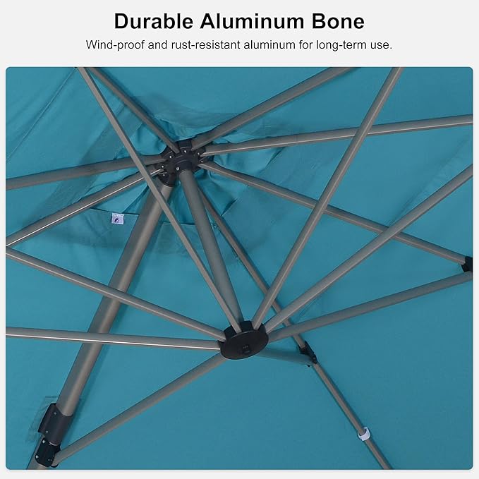 PURPLE LEAF 10' X 13' Patio Umbrella, Rectangle Outdoor Cantilever Umbrella, Aluminum Offset Umbrella with Champagne Frame and 360° Rotation for Pool Deck Garden, Turquoise Blue