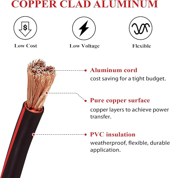 2 Gauge Battery Welding Cable (Black, 2 Feet) - 2 AWG Copper Clad Aluminum Power Wire with M8 & M10 Copper Cable Lug Ends for Auto, Camper, RV, Truck, Solar Low Voltage Jumper Wiring