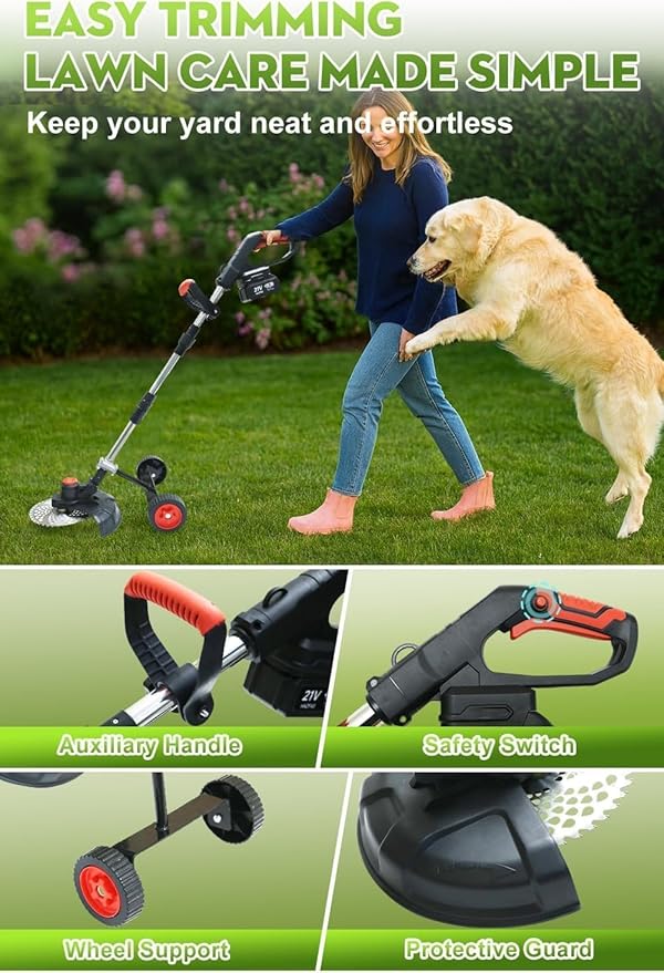Cordless Weed Wacker, 12-Inch Electric Weed Wacker, Brushless Grass Trimmer with Wheels, 2×4.0Ah Batteries, Lightweight Electric Weed Eater with Telescoping Shaft for Lawn, Yard, Garden, Black