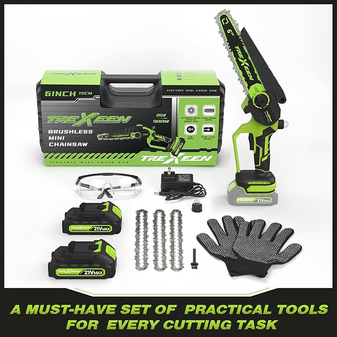 Mini Chainsaw, 6-Inch Electric Chainsaw Cordless, Upgraded 900W Brushless Portable Handheld Small Chain Saw with Auto Chain Regulator & Auto Oiler for Wood Cutting/TreeTrimming/Courtyard (Green)