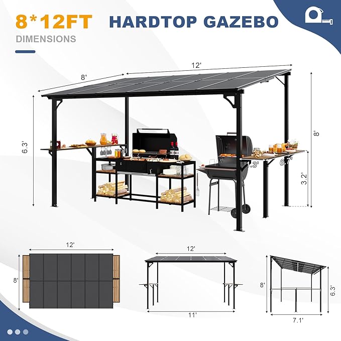 MEISSALIVVE 8' x 12' Wall Mounted Gazebo, Outdoor BBQ Grill Gazebo with Side Shelf, Lean to Metal Awnings with Sloped Roof, Heavy Duty Pergola for Backyard, Deck, Black
