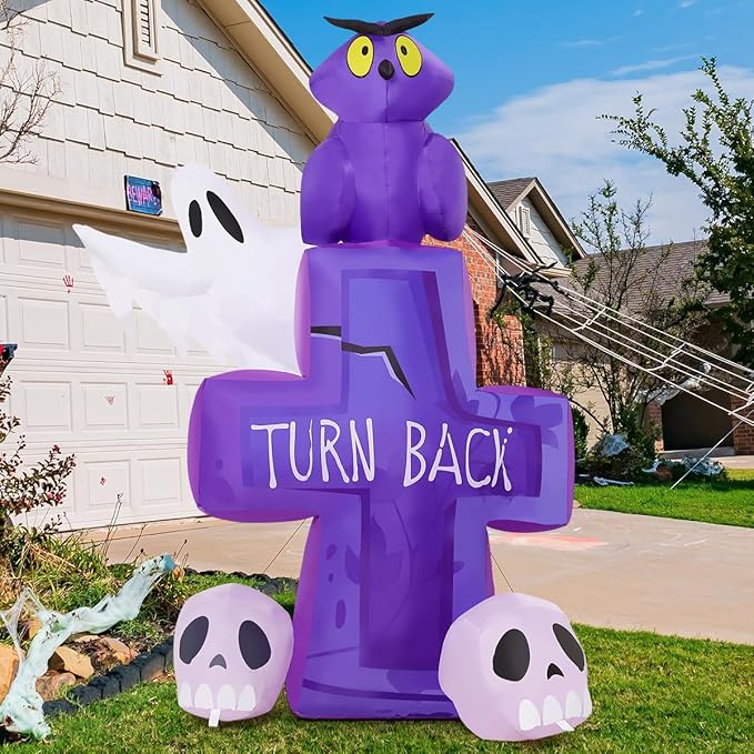 GOOSH 6FT Halloween Inflatables Outdoor Decoration - Halloween Blow Up Decorations Outside Inflatable Owl on Tombstone Ghost Skull with LED Lights for Decor Party Garden Lawn