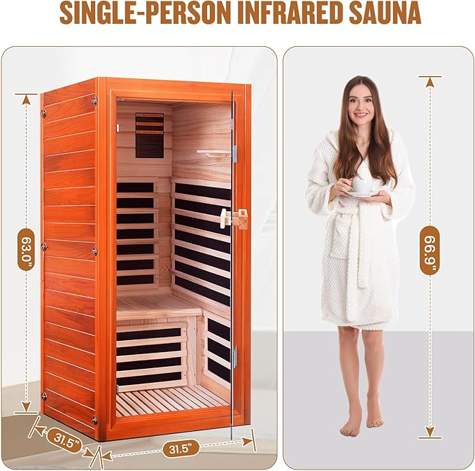 Sauna, Far Infrared Saunas for Home 1 Person Wooden Sauna 1065W/120V Low Emf Dry Sauna Indoor Sauna Room Douglas Fir with Tempered Glass Door/Speakers/Air Hole and Colorful Lighting - 31.5*31.5*63 in