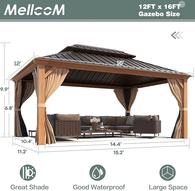 MELLCOM 12'x16' Hardtop Gazebo, Wood Grain Aluminum Frame Outdoor Gazebo with Double Galvanized Steel Roof, Permanent Metal Pavilion with Curtains and Nettings for Patio, Backyard, Deck and Lawns