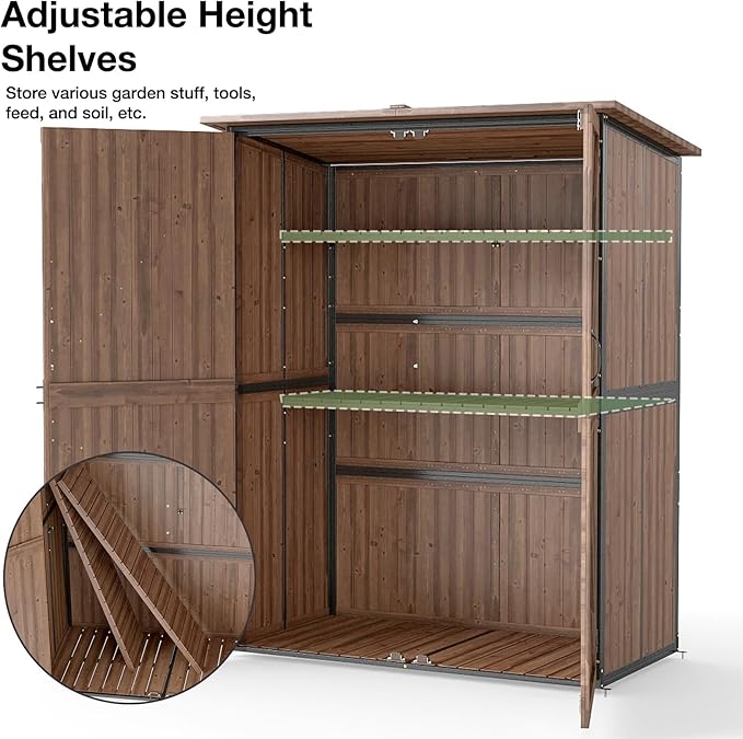Outdoor Storage Shed with Floor, Waterproof Storage Cabinet with Metal Frame, Adjustable Shelves, Garden Shed for Backyard Garden Patio Lawn - Dark Brown