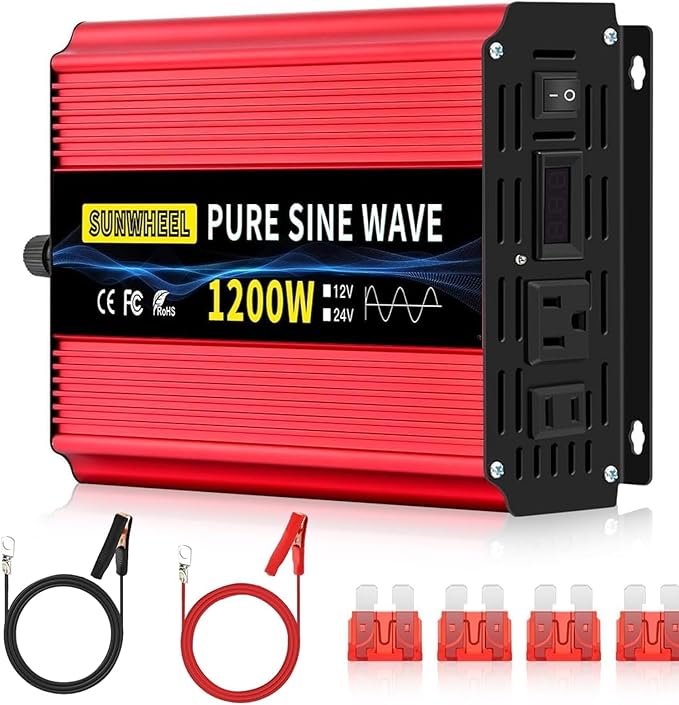 SUNWHEEL 1200W 24V Pure Sine Wave Inverter, 24V DC to 110V/120V AC Power Inverter for RV、Off Grid、Truck、Power Outage with 2 AC outlets and LCD Display