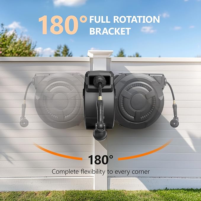 Retractable Garden Hose Reel 1/2 in x 100 ft, Heavy Duty Wall Mounted Hose Reel with 10- Function Sprayer Nozzle, Any Length Lock/Automatic Slow Return System/180°Swivel Bracket/UV Resistant (Black)