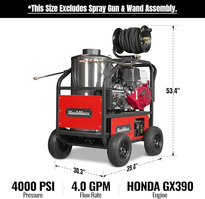 4000 PSI 4 GPM Honda GX390 389CC 11.7HP E-Start Engine Hot Water Pressure Washer with Hose Reel, HPW40H