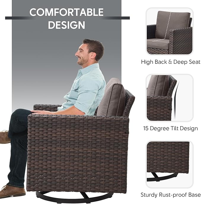 5 Piece Wicker Patio Furniture Set - Outdoor Swivel Rocker Chairs Set with 3 Seat Sofa and Ottomans, Small Patio Conversation Sets Proch Furniture for Balcony Deck - Brown/Grey