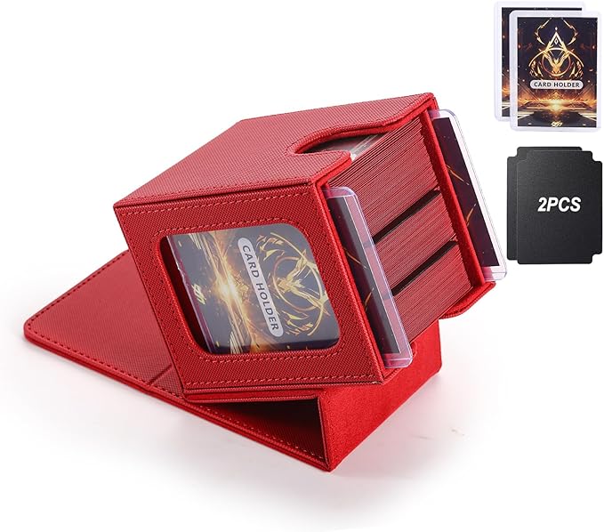 MTG Deck Box, Double Display Window MTG, Commander Deck Box Fits 120+ Single Sleeved Cards, PU Leather Magnetic Closure Card Box with 2 Dividers&2 Toploaders for TCG, CCG, Red