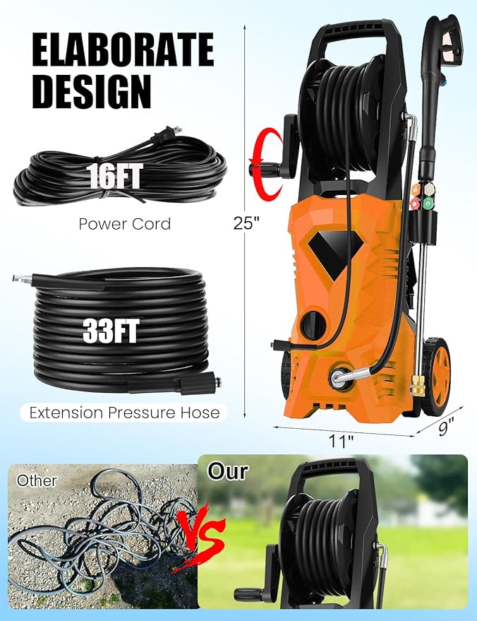 5000PSI Pressure Cleaner - 2025 New Power Cleaner with Upgraded 33ft Pressure Cleaner Hose Reel, Foam Cannon, 4 Nozzle Set, Power Cleaner for House/Patios/Car/Fence, Orange
