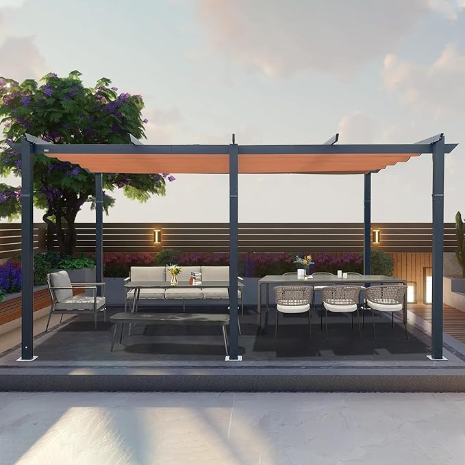 Domi Outdoor Living 11’ X 16’ Outdoor Retractable Pergola with Weather-Resistant Canopy Aluminum Garden Pergola Patio Grill Gazebo for Courtyard (Khaki)