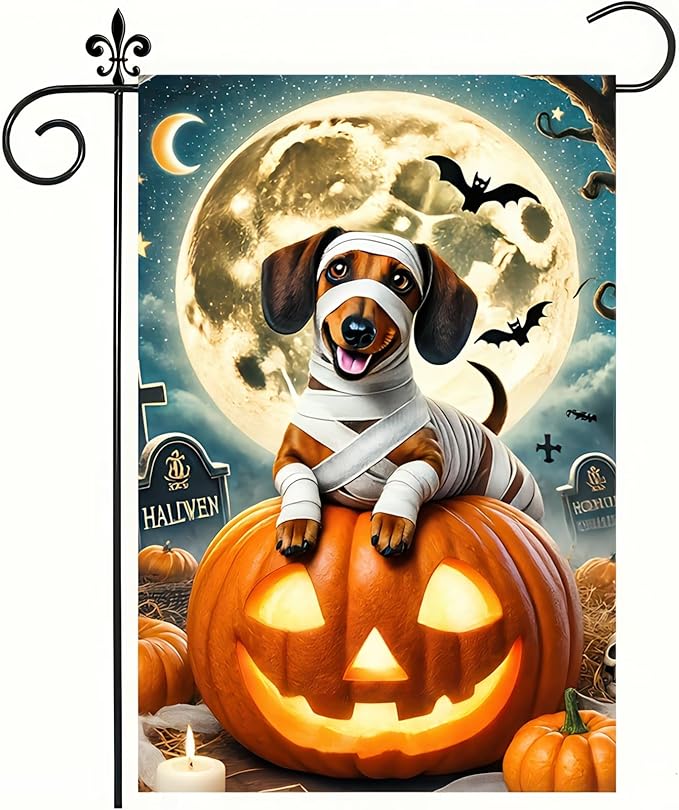 Happy Halloween Garden Flags Ghost Dog Skeleton Dachshund Dog Small Yard Flag for Outdoor Decor 12x18 Inch Vertical Double Sided for Outside Decoration