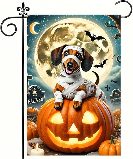 Happy Halloween Garden Flags Ghost Dog Skeleton Dachshund Dog Small Yard Flag for Outdoor Decor 12x18 Inch Vertical Double Sided for Outside Decoration