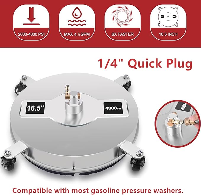 15'' / 16.5'' Pressure Washer Surface Cleaner with Wheels & 2 Wand & 2 Nozzles, 4000 PSI Stainless Steel Housing 1/4" Quick Connector Power Washer Surface Cleaner (16.5 inch with 4 Wheels)