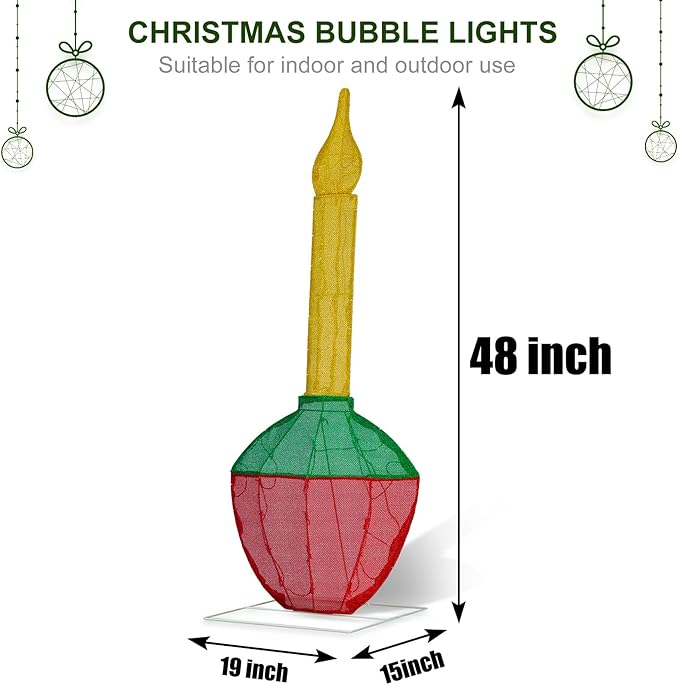 Christmas Bubble Light 48’’H Pre-Lit with 60 Warm White LED Lights, Battery Operated with Timer, Twinkling and Flowing, Traditional Decoration