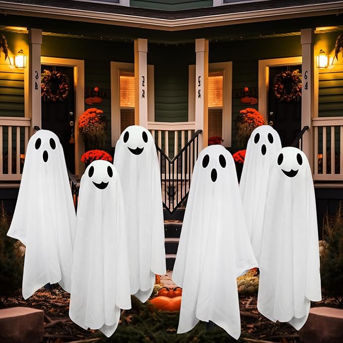 Halloween Ghost Pathway Lights with Stakes, 6PCS Solar Light Ghost Decorations, Waterproof Outdoor Lights for Yard, Lawn, Driveway, Halloween Decor (White)