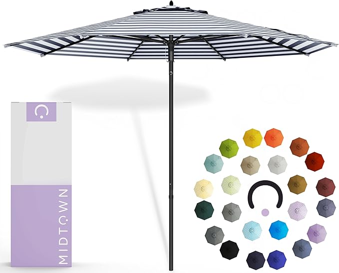 Midtown Umbrellas Push and Pop 9 Feet Outdoor Umbrella, Navy/White Stripes Polyester Fabric - Fiberglass Ribs Deck Patio Umbrella, Backyard Umbrella, Garden Umbrella & Pool Umbrella - Black Pole