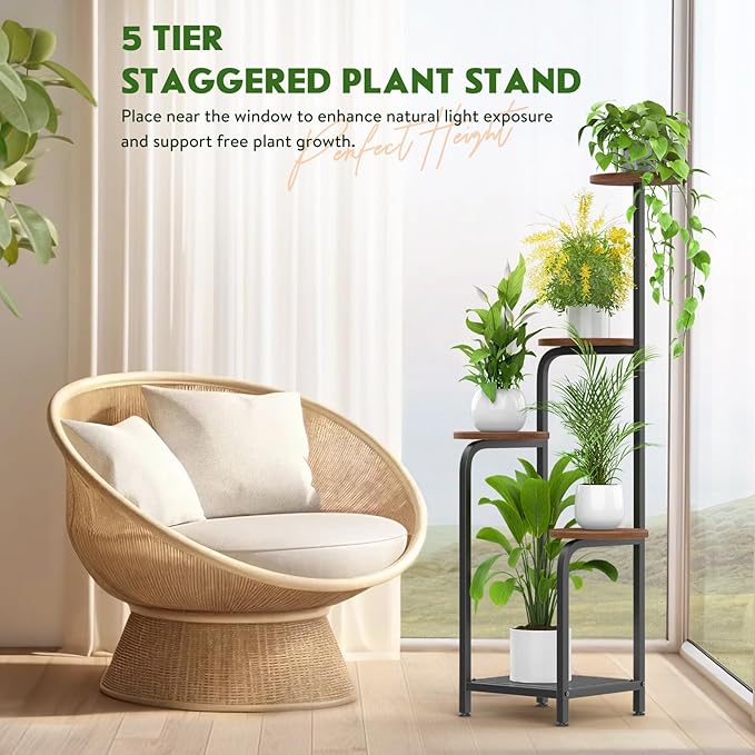 TOSKING 5 Tier Metal Plant Stand Indoor 48''H Tall ,Heavy Duty Plant Shelf , Corner Shelf Flower Pot Stand for Outdoor Plant Stand for Living Room Balcony Garden Patio Bedroom (5 Tier-Brown)