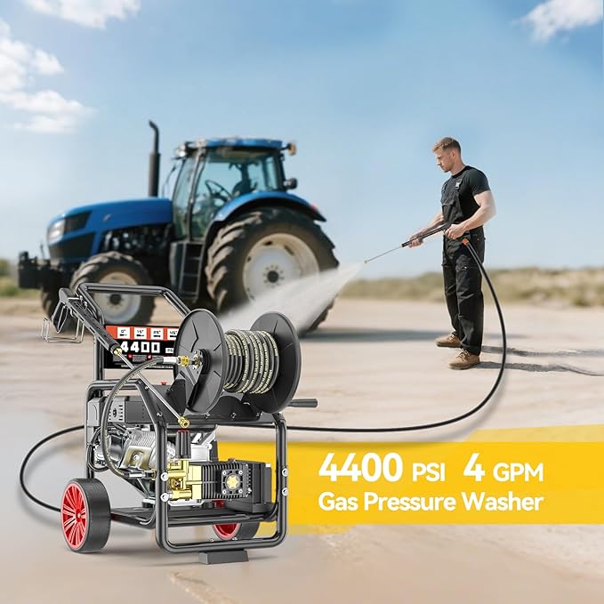4400PSI Gas Pressure Washer with Hose Reel, 4 GPM, One-Button Electric Start 296cc 15HP Commercial Pressure Washer with 50FT 3/8" Hose, Spray Gun & Wand, 5 Quick Connect Nozzles